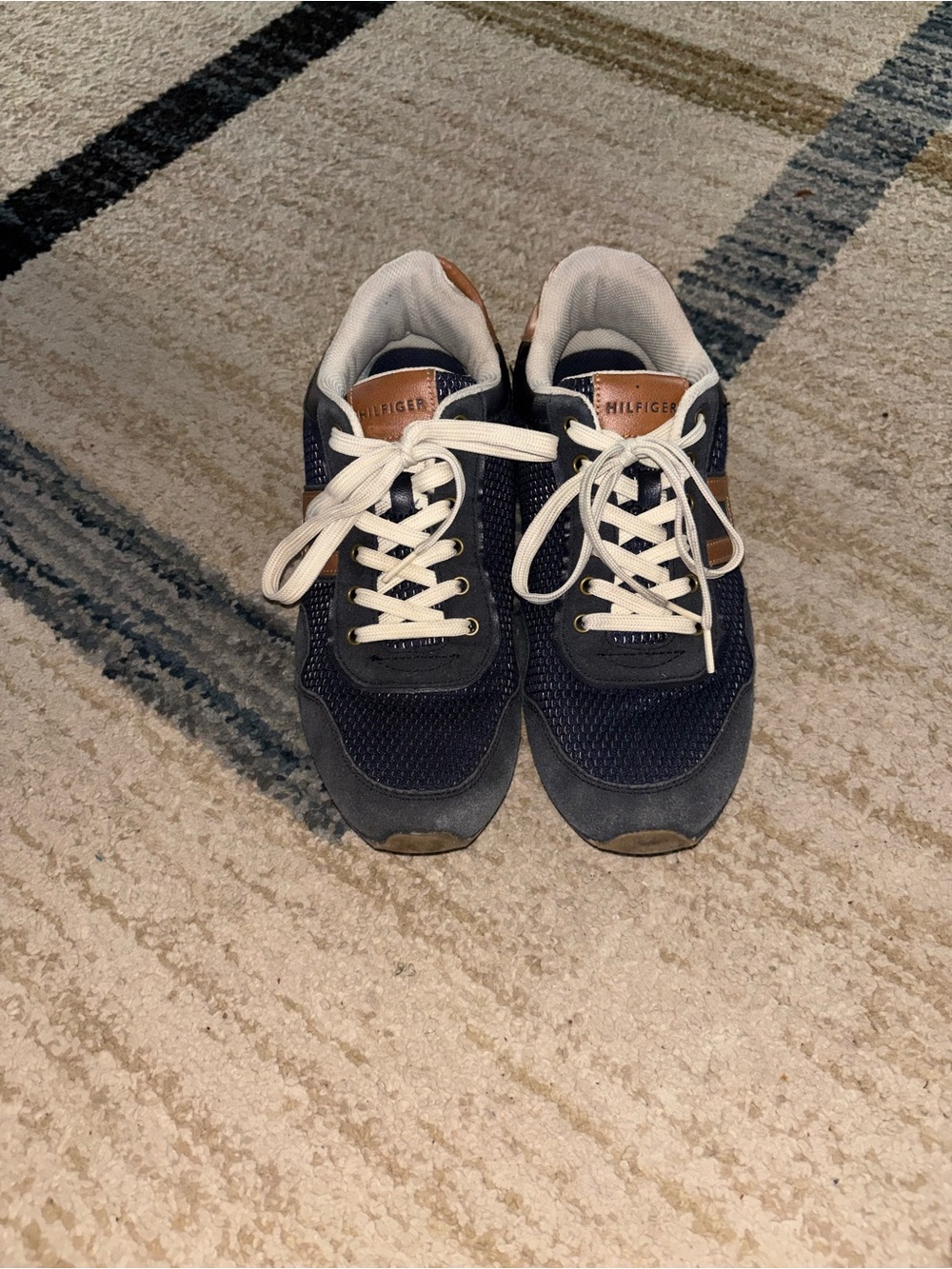 Tommy Hilfiger Navy and White Mesh Sneakers with Brown Accents